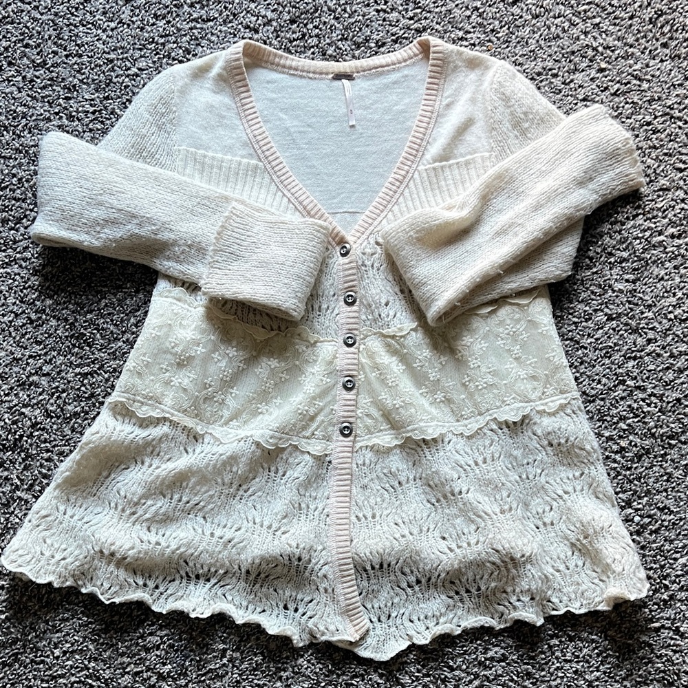 Free People Cream Ivory Lace Knit wool/ alpaca Cardigan Sweater Button Front